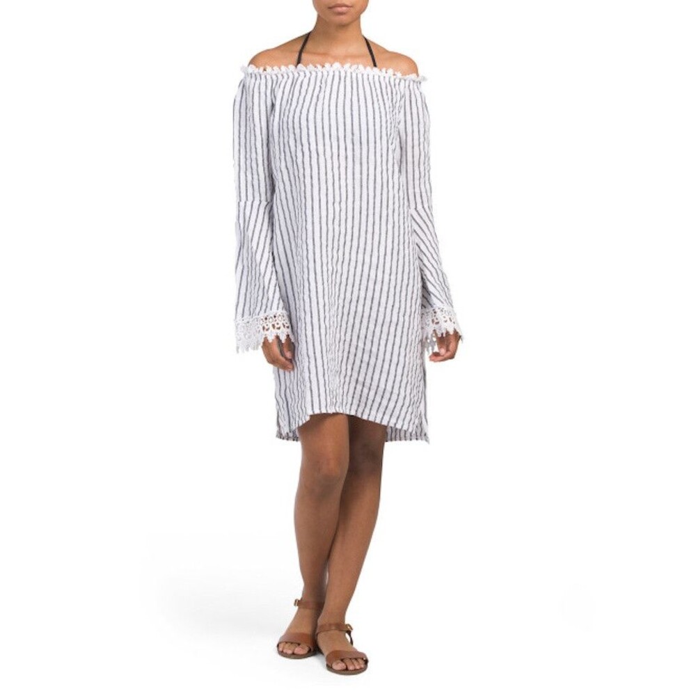 Lungo L'Arno Off The Shoulder Striped Linen Dress
